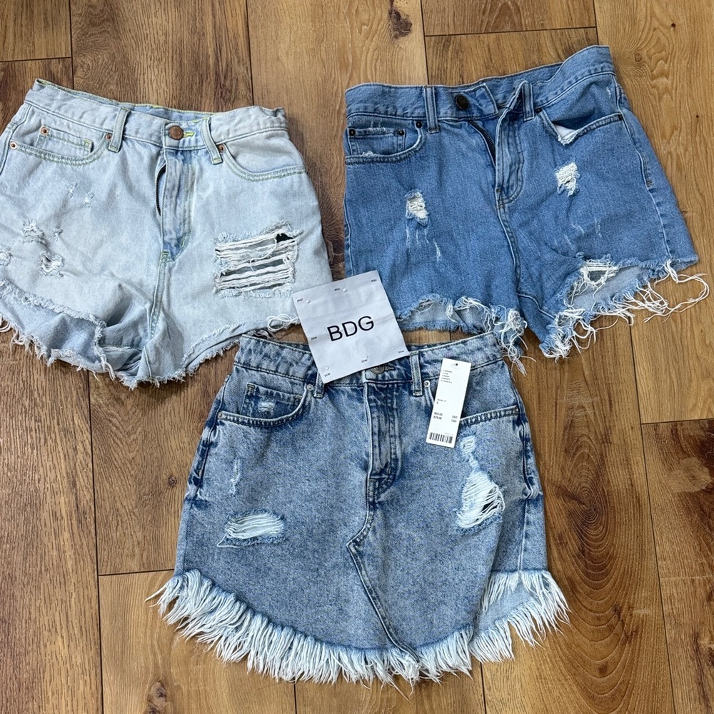 BDG Bundle Ripped Distress Jean Shorts and Skirt - Light Blue and Dark Blue NWT